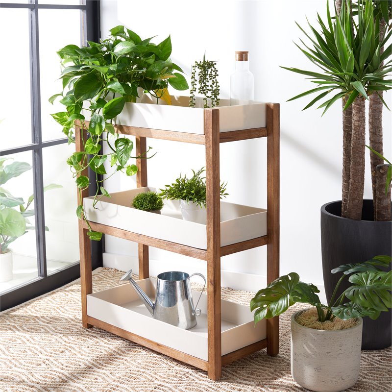 Safavieh Semli Acacia Wood/Sandstone Outdoor Shelf in Natural and Beige