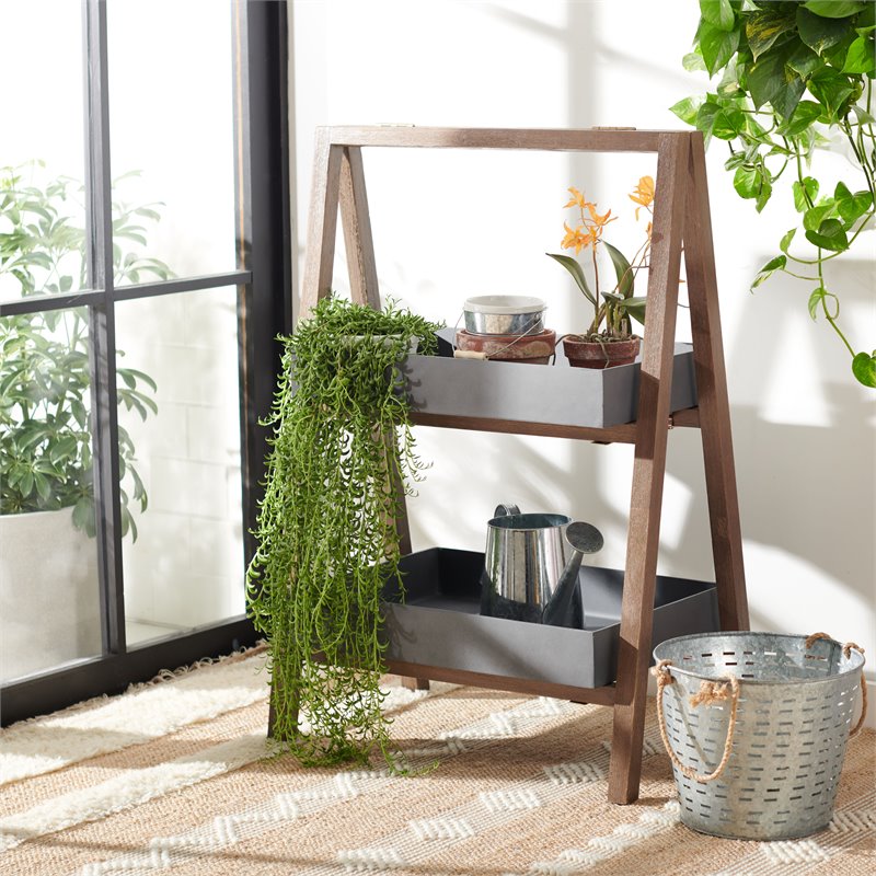 Safavieh Nerri Acacia Wood/Sandstone Outdoor Shelf in Dark Walnut and Gray