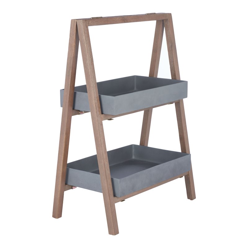 Safavieh Nerri Acacia Wood/Sandstone Outdoor Shelf in Dark Walnut and Gray