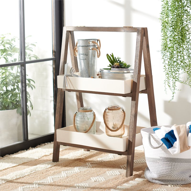 Safavieh Nerri Acacia Wood/Sandstone Outdoor Shelf in Dark Walnut and Beige