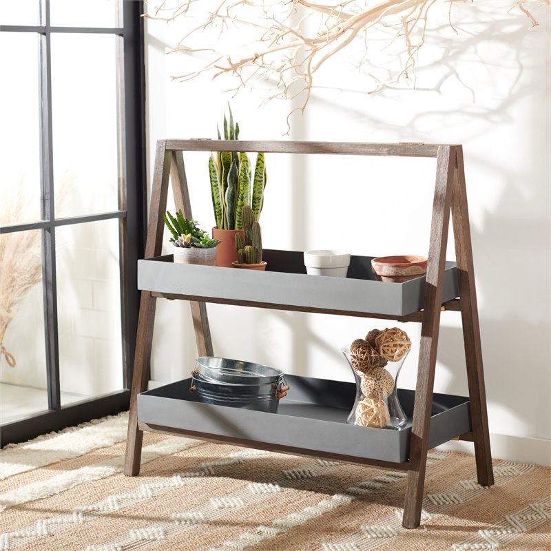 Safavieh Danser Acacia Wood/Sandstone Outdoor Shelf in Dark Walnut and Gray