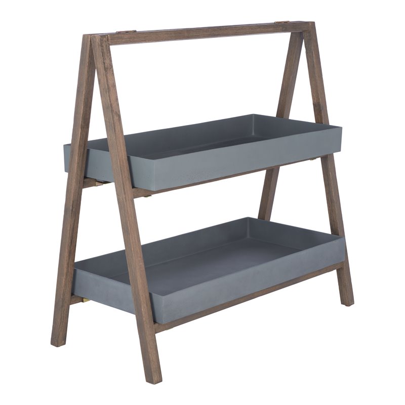 Safavieh Danser Acacia Wood/Sandstone Outdoor Shelf in Dark Walnut and Gray