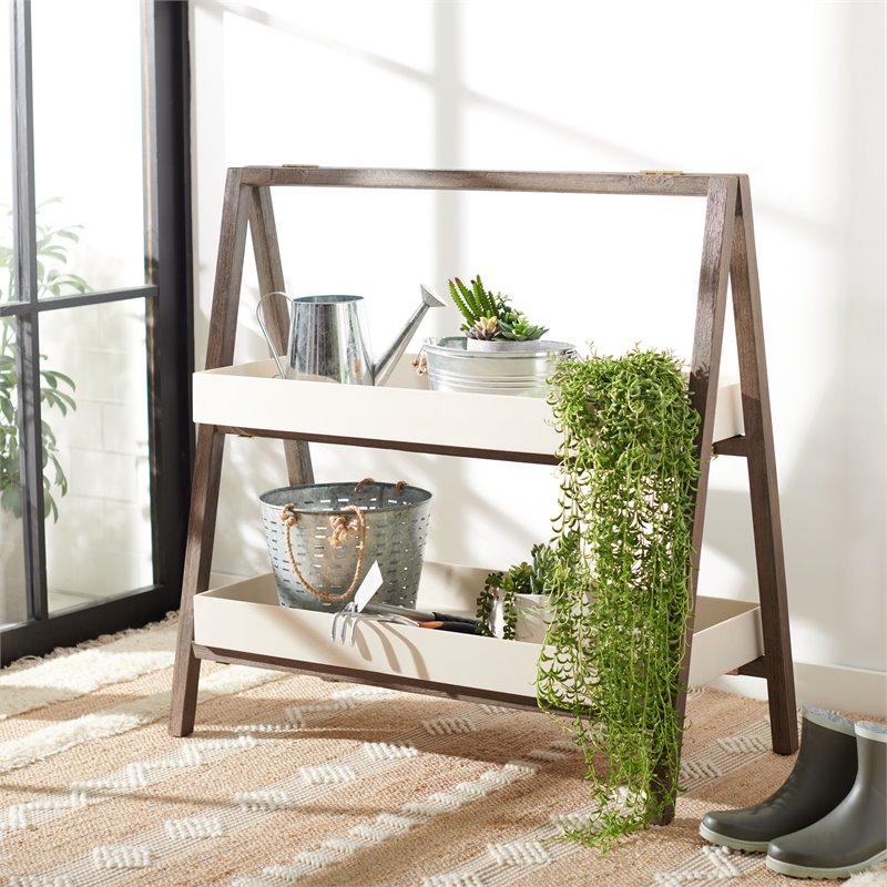 Safavieh Danser Acacia Wood/Sandstone Outdoor Shelf in Dark Walnut and Beige