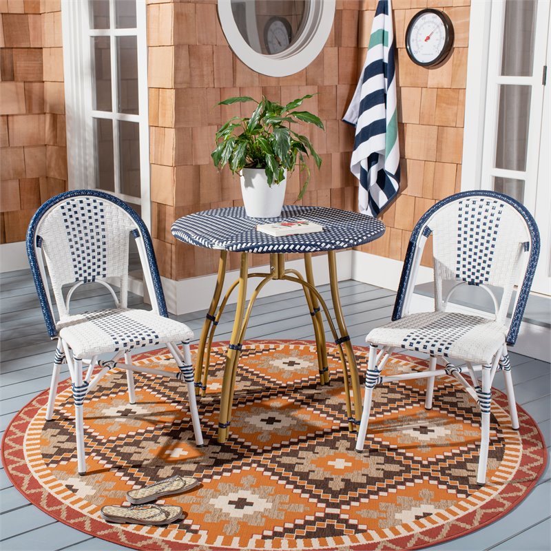 Safavieh Kylie Wicker / Rattan Outdoor Bistro Table in Navy and White