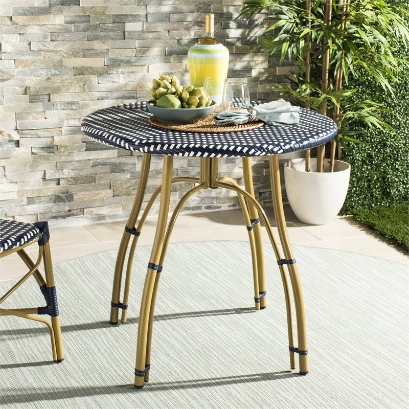 Safavieh Kylie Wicker / Rattan Outdoor Bistro Table in Navy and White