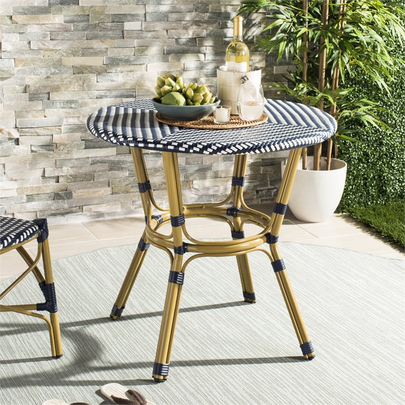 Safavieh Sidford Traditional Wicker / Rattan Bistro Table in Navy and White
