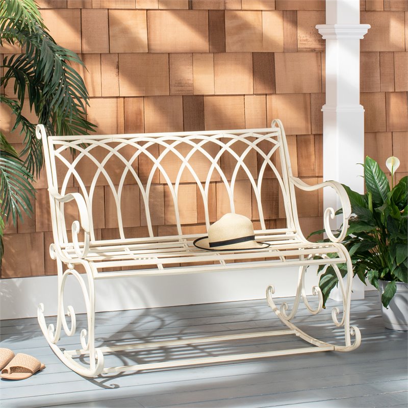 Safavieh Ressi Wrought Iron Metal Outdoor Rock Bench in Pearl White
