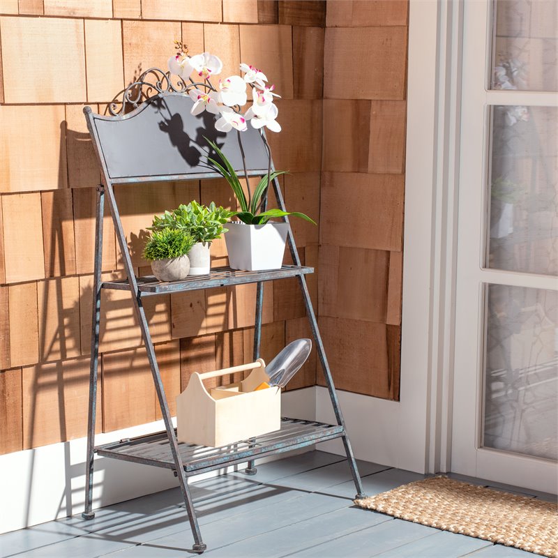Safavieh Natum Metal Outdoor/Garden Pland Stand in Reddish Brown/Blue Wash