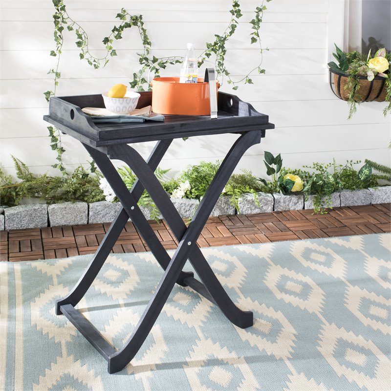 Safavieh Covina Acacia Wood Outdoor Tray Table in Dark Slate Gray