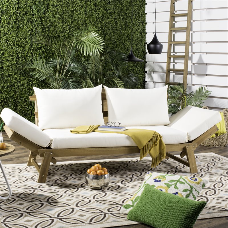 Safavieh Tandra Acacia Wood/Polyester Outdoor Daybed in Teak Brown/Beige