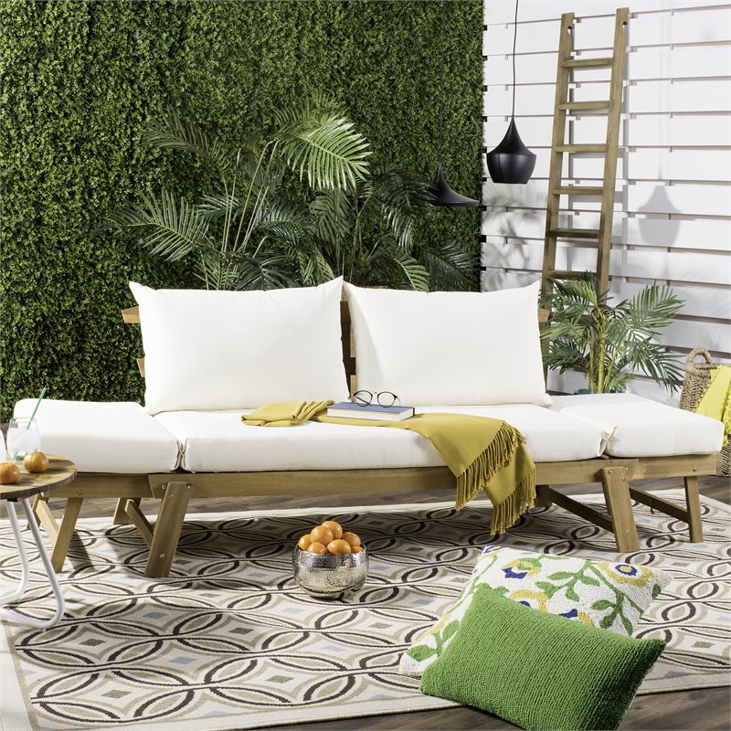 Safavieh Tandra Acacia Wood/Polyester Outdoor Daybed in Teak Brown/Beige