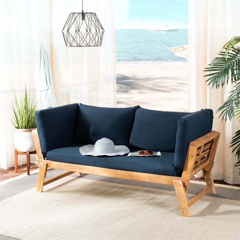 Safavieh Tandra Acacia Wood/Polyester Outdoor Daybed in Natural/Navy