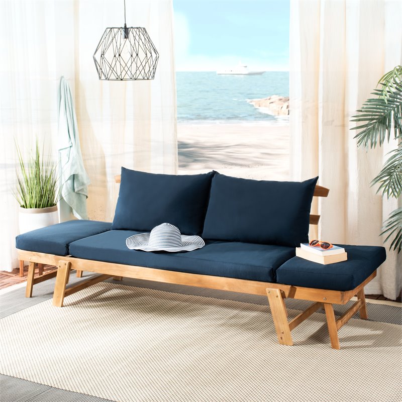 Safavieh Tandra Acacia Wood/Polyester Outdoor Daybed in Natural/Navy