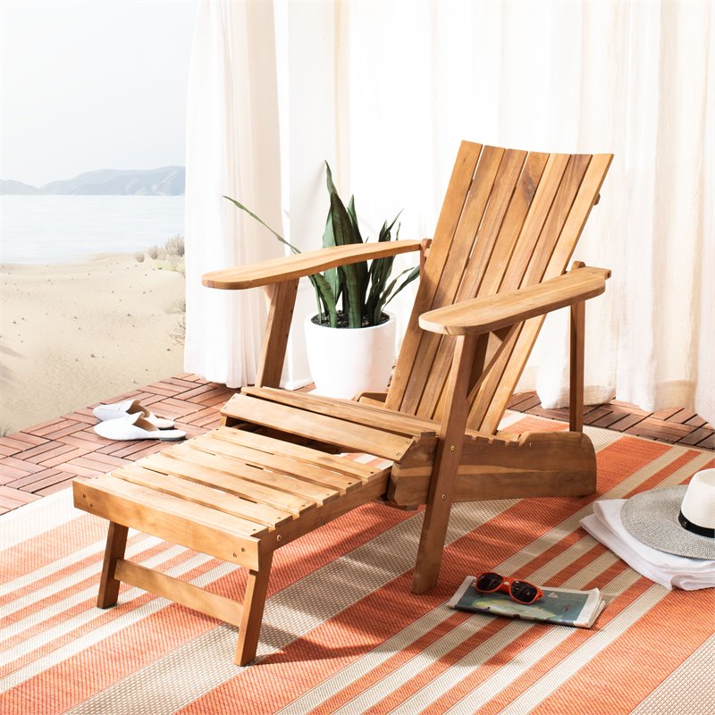 Safavieh Merlin Acacia Wood Adirondack Chair w/ Retractable Footrest in Natural