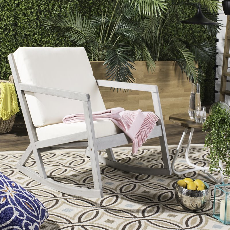 Safavieh Vernon Eucalyptus Wood Outdoor Rocking Chair in Gray and Beige