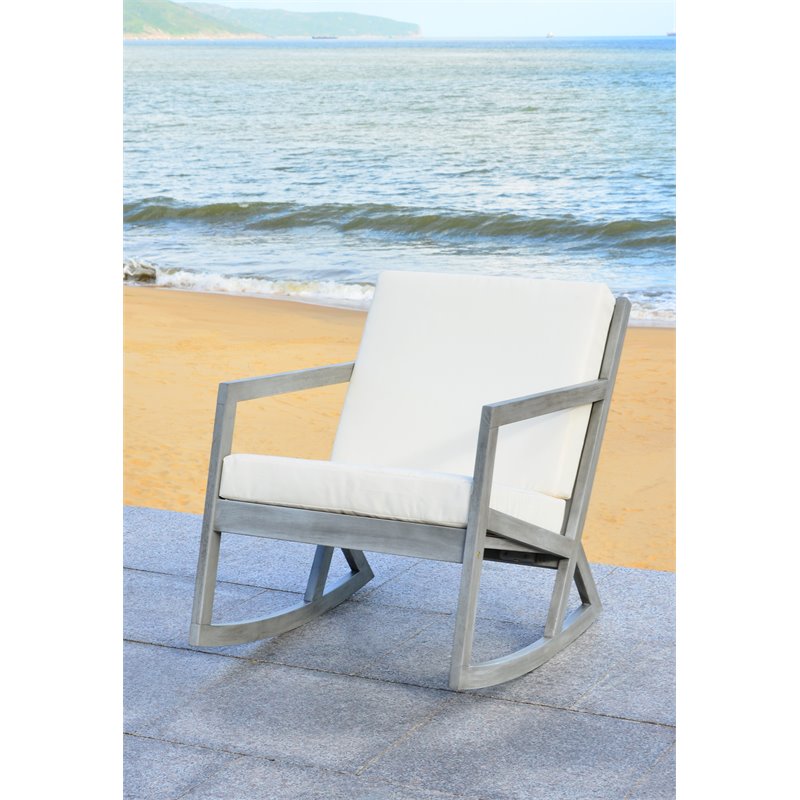 Safavieh Vernon Eucalyptus Wood Outdoor Rocking Chair in Gray and Beige