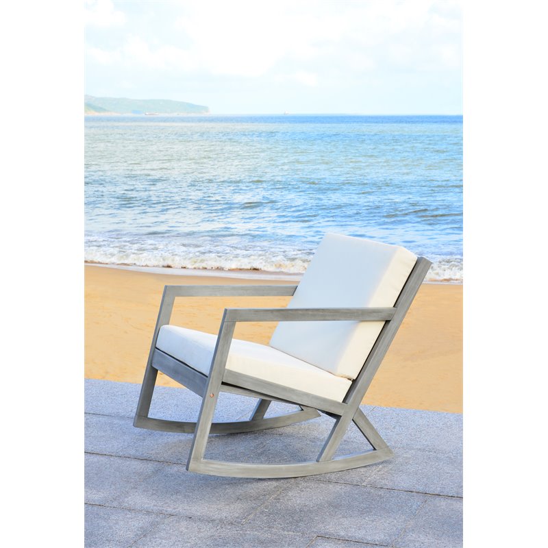 Safavieh Vernon Eucalyptus Wood Outdoor Rocking Chair in Gray and Beige