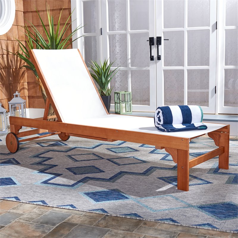 Safavieh Ralden Eucalyptus Wood/Polyester Outdoor Sun Lounger in Natural/Beige