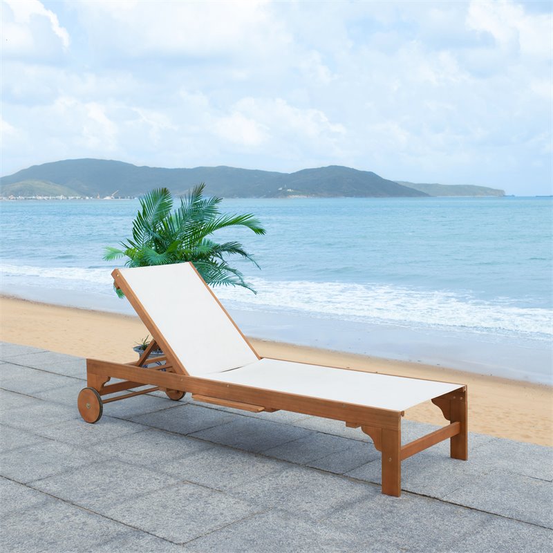 Safavieh Ralden Eucalyptus Wood/Polyester Outdoor Sun Lounger in Natural/Beige
