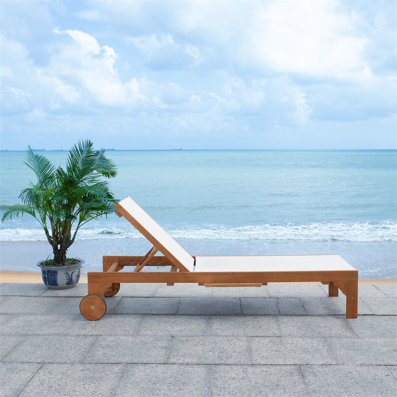 Safavieh Ralden Eucalyptus Wood/Polyester Outdoor Sun Lounger in Natural/Beige