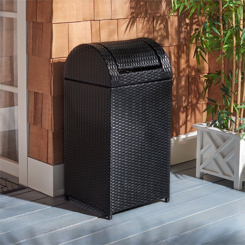 Safavieh Serapis Polyester Wicker/Steel Patio Trash Bin in Black