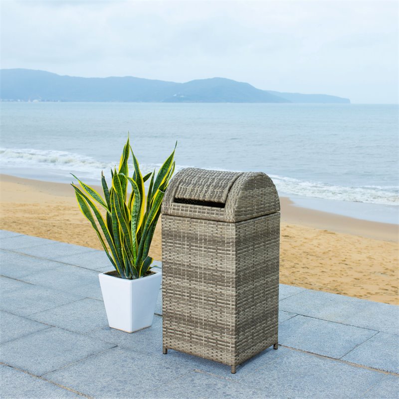 Safavieh Serapis Polyester Wicker/Steel Patio Trash Bin in Gray