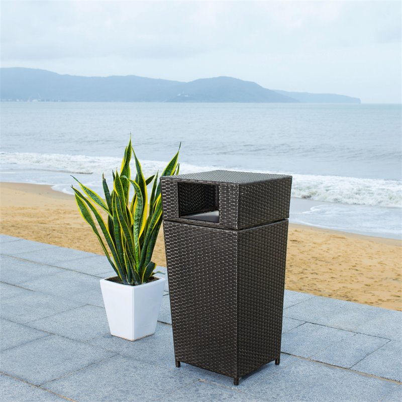 Safavieh Mazeli Polyester Wicker/Steel Patio Trash Bin in Black