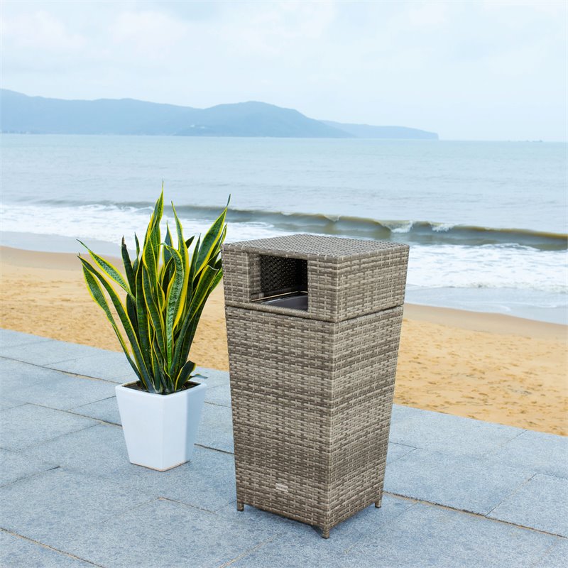 Safavieh Mazeli Polyester Wicker/Steel Patio Trash Bin in Gray
