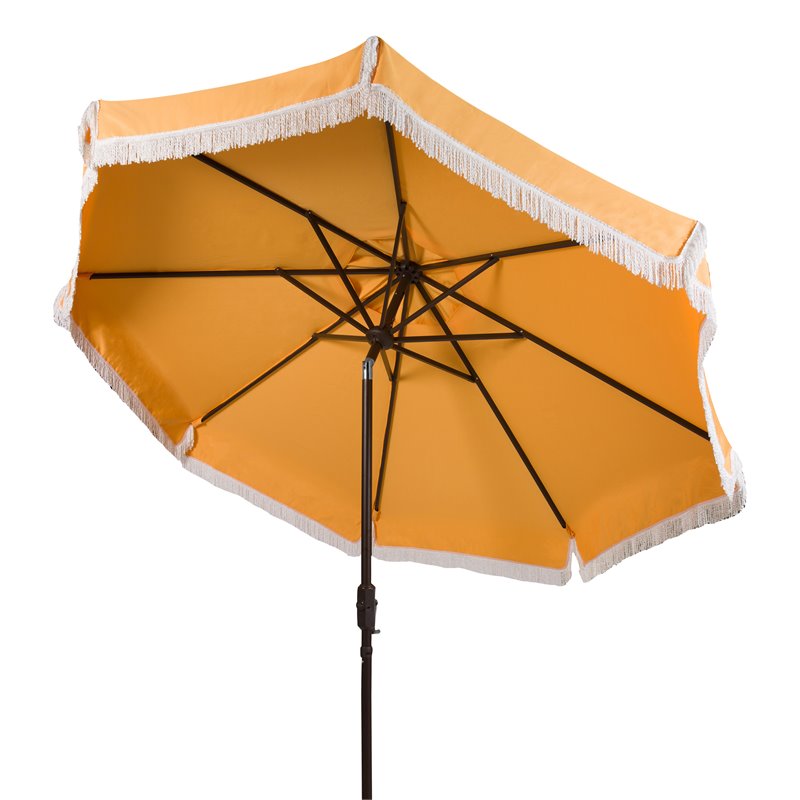 Safavieh Fabia Fringe 9ft Crank Metal Outdoor Umbrella in Yellow and White