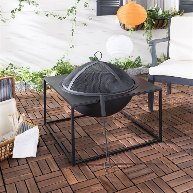 Safavieh Leros Square Modern Steel Metal Outdoor Fire Pit in Black
