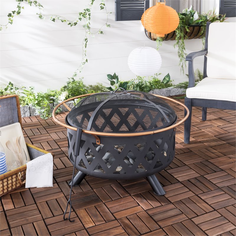 Safavieh Bryce Round Contemporary Steel Metal Fire Pit in Copper and Black