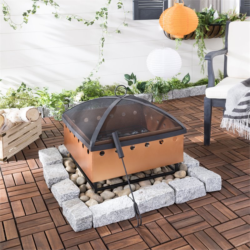Safavieh Wyatt Square Modern Steel Metal Fire Pit in Copper and Black