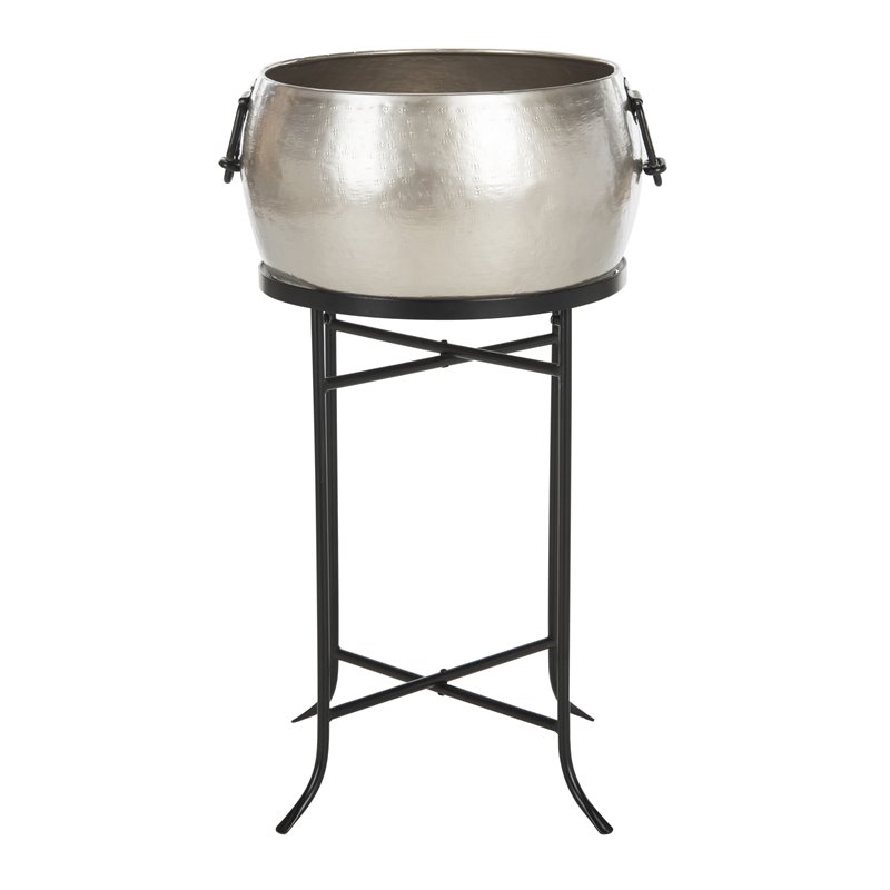 Safavieh Azov Modern Steel Metal Outdoor Plant Stand in Pewter/Black