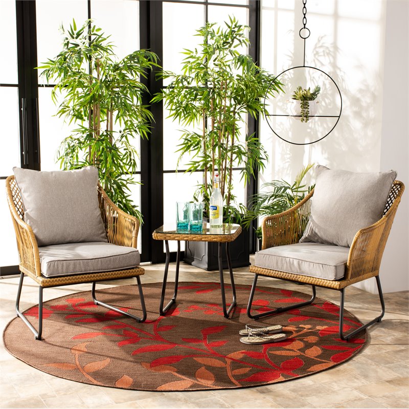 Safavieh Jensen 3-Piece Rattan/Steel/Polyester Lounge Set in Natural/Gray
