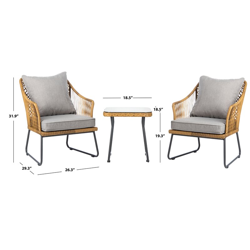 Safavieh Jensen 3-Piece Rattan/Steel/Polyester Lounge Set in Natural/Gray