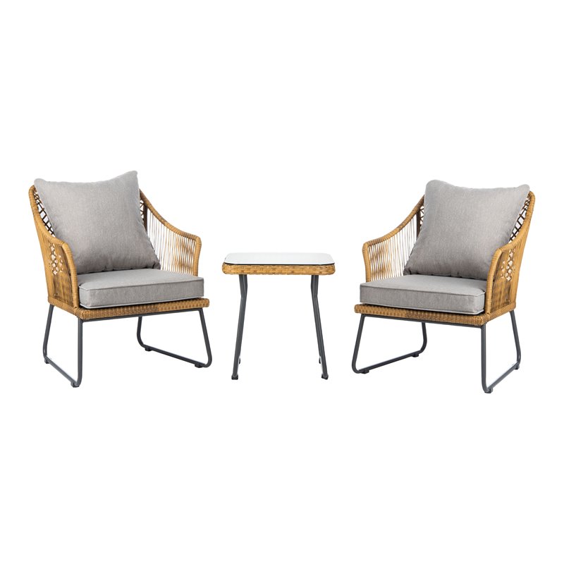 Safavieh Jensen 3-Piece Rattan/Steel/Polyester Lounge Set in Natural/Gray