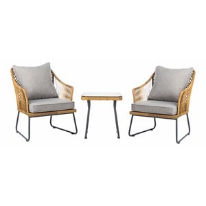 Safavieh Jensen 3-Piece Rattan/Steel/Polyester Lounge Set in Natural/Gray