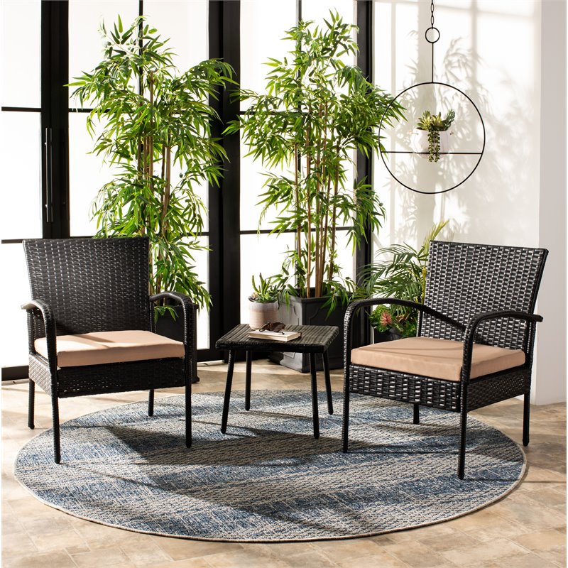 Safavieh Moore 3-Piece Rattan/Steel/Polyester Lounge Set in Black/Beige