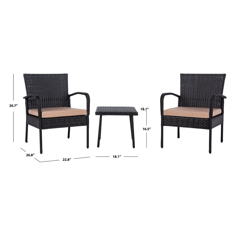 Safavieh Moore 3-Piece Rattan/Steel/Polyester Lounge Set in Black/Beige