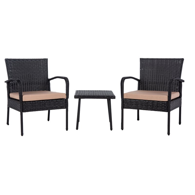 Safavieh Moore 3-Piece Rattan/Steel/Polyester Lounge Set in Black/Beige