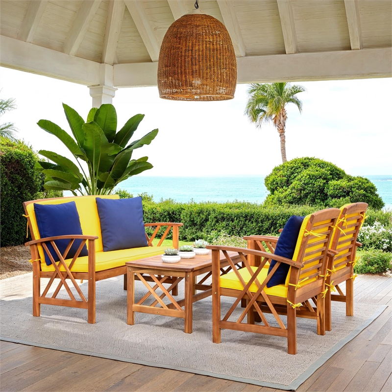 Safavieh Fontana Wood 4 Pc Outdoor Set in Natural / Yellow
