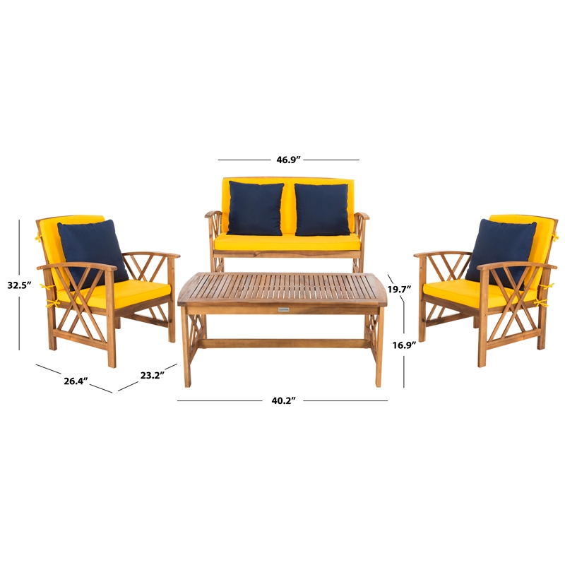 Safavieh Fontana Wood 4 Pc Outdoor Set in Natural / Yellow