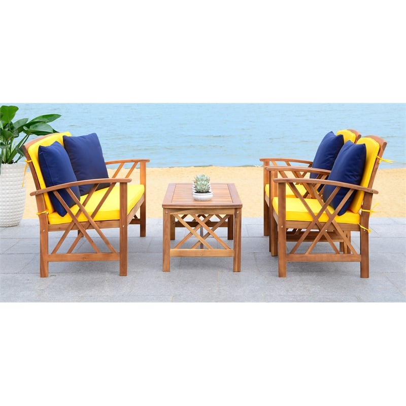 Safavieh Fontana Wood 4 Pc Outdoor Set in Natural / Yellow