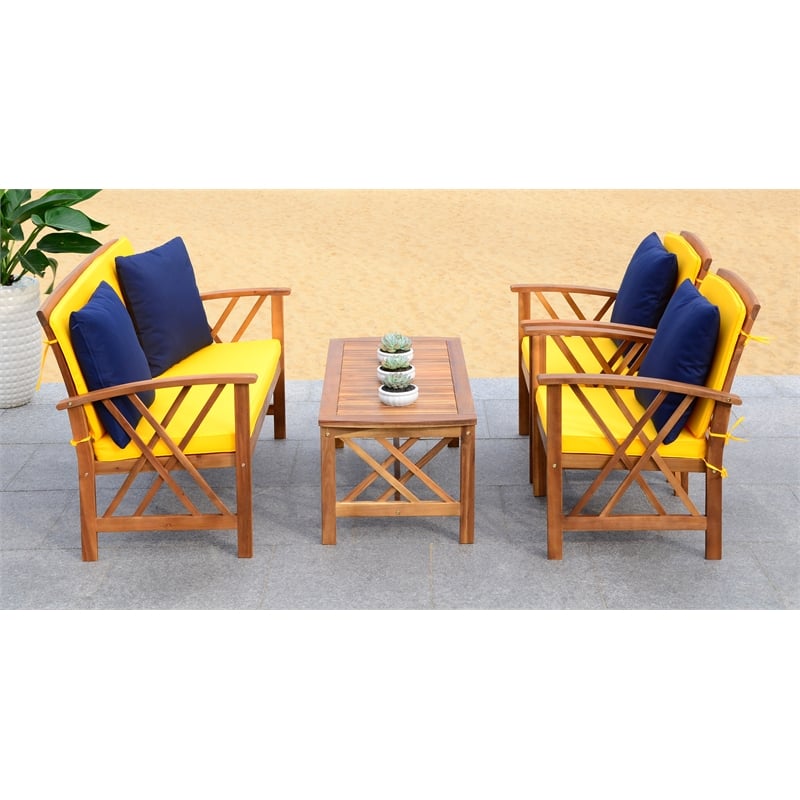 Safavieh Fontana Wood 4 Pc Outdoor Set in Natural / Yellow
