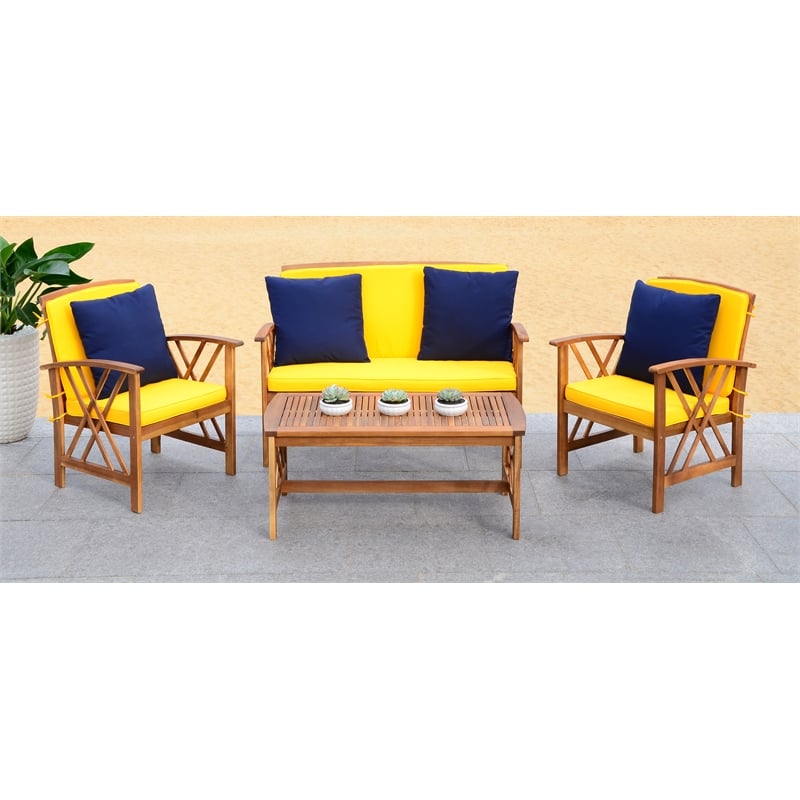 Safavieh Fontana Wood 4 Pc Outdoor Set in Natural / Yellow