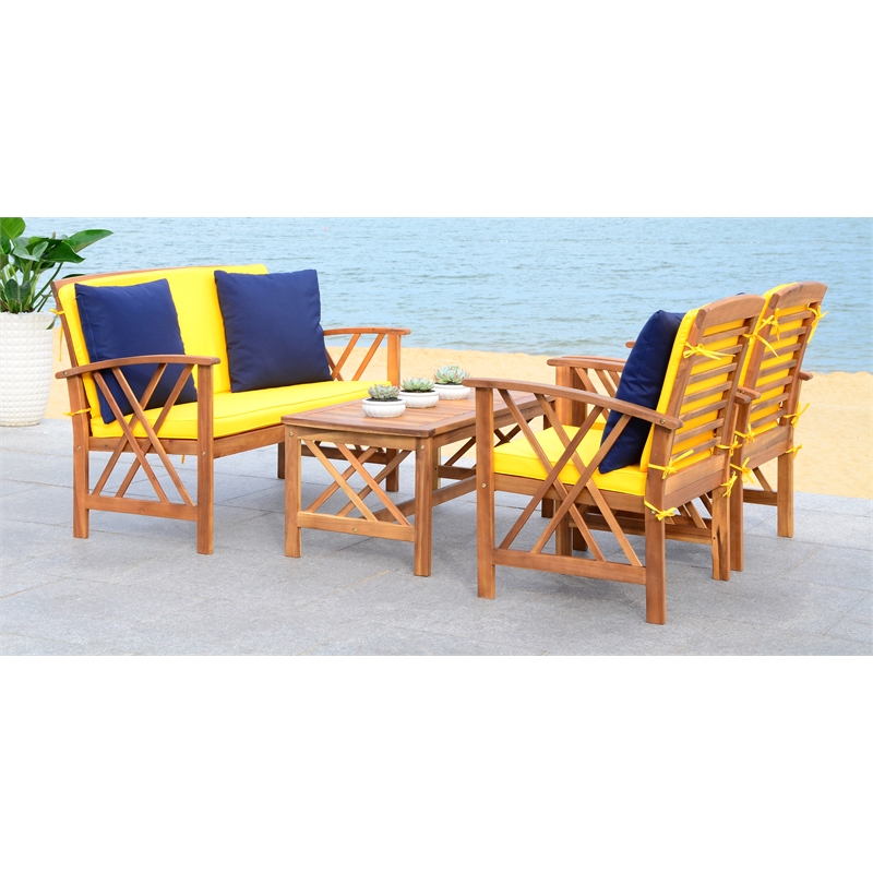 Safavieh Fontana Wood 4 Pc Outdoor Set in Natural / Yellow