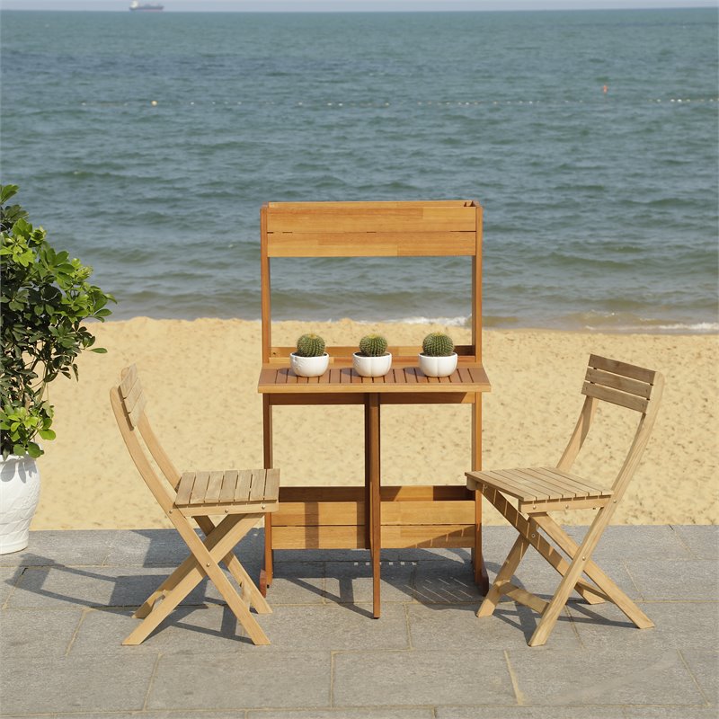 Safavieh Barley 3-Piece Teak/Wood Bistro Set with Flower Shelf in Natural