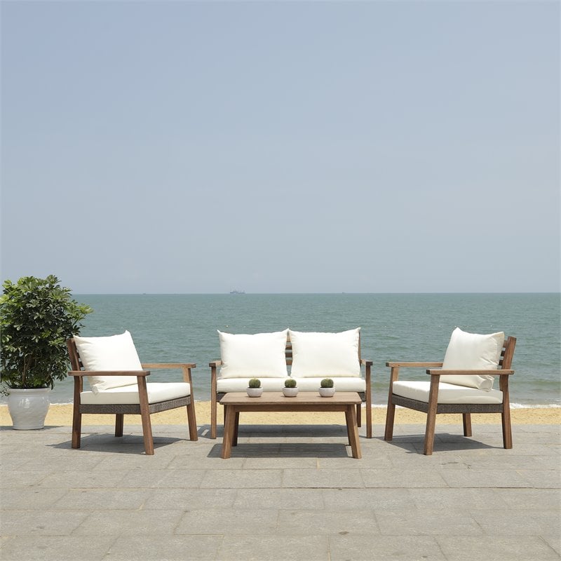Safavieh Reid 4-Pc Wood/Polyester Outdoor Living Set in Gray Wash/Natural