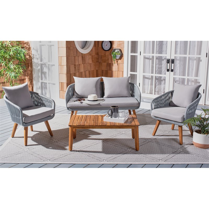 Safavieh Prester 4-Piece Acacia Wood Living Set in Gray Rope/Gray Cushion