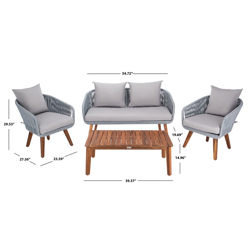 Safavieh Prester 4-Piece Acacia Wood Living Set in Gray Rope/Gray Cushion